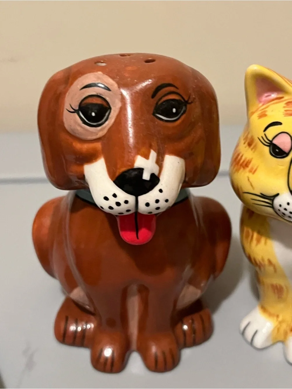 Gary Patterson Ceramic Yellow Tabby Cat and Dog Salt & Pepper Shaker Set